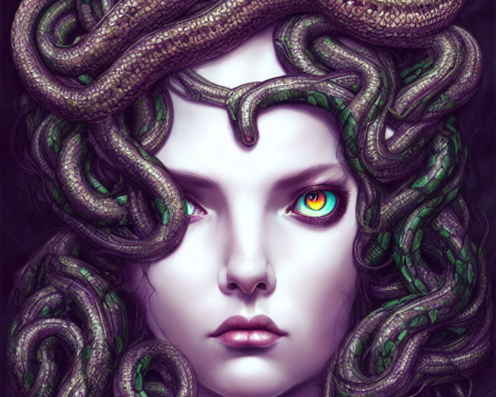 Illustration of person with pale skin and serpent-like green hair, Medusa-inspired, with yellow and