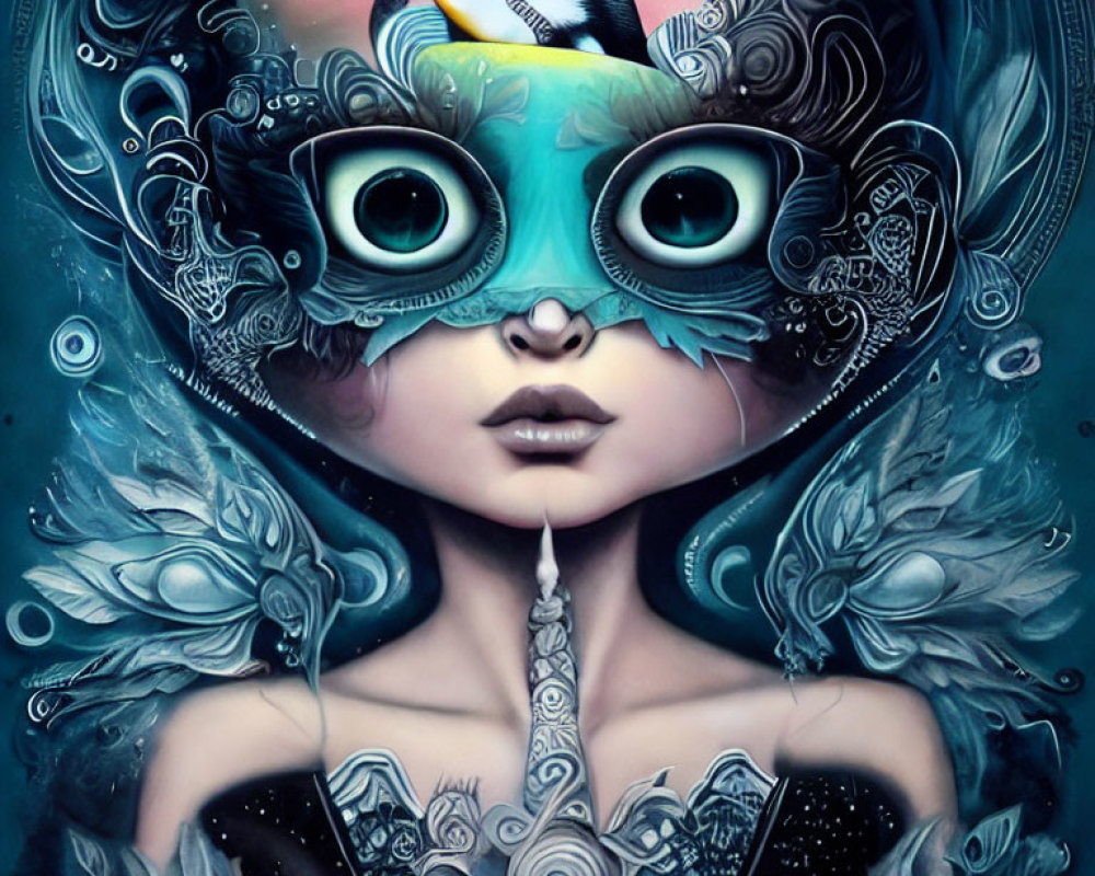 Surreal portrait of woman with expressive eyes and penguin on head in intricate blue setting