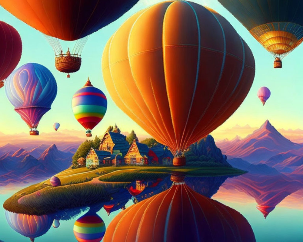 Vibrant hot air balloons over serene lake and countryside landscape