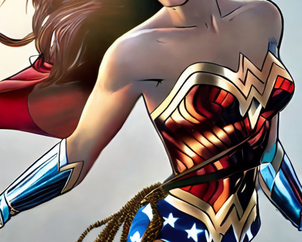 Female superhero with long black hair in red, blue, and gold costume.