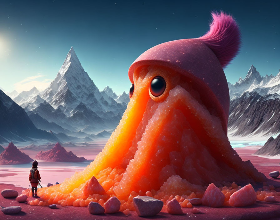 Whimsical creature with single eye and pink hat in surreal landscape