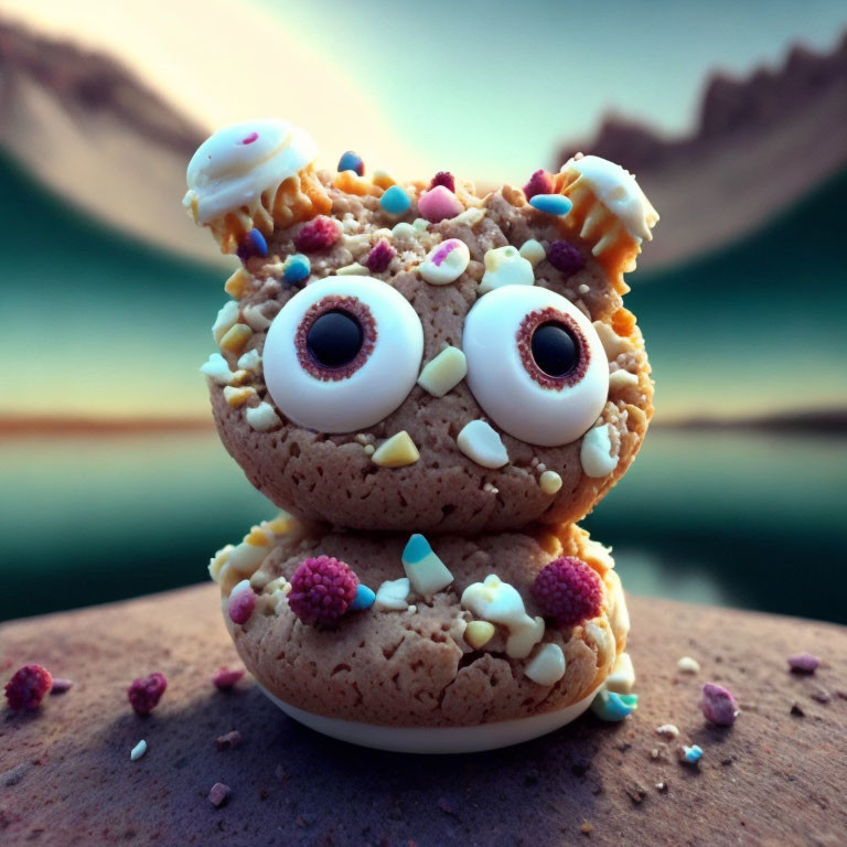 Colorful Cookie Creature with Googly Eyes on Mountainous Background