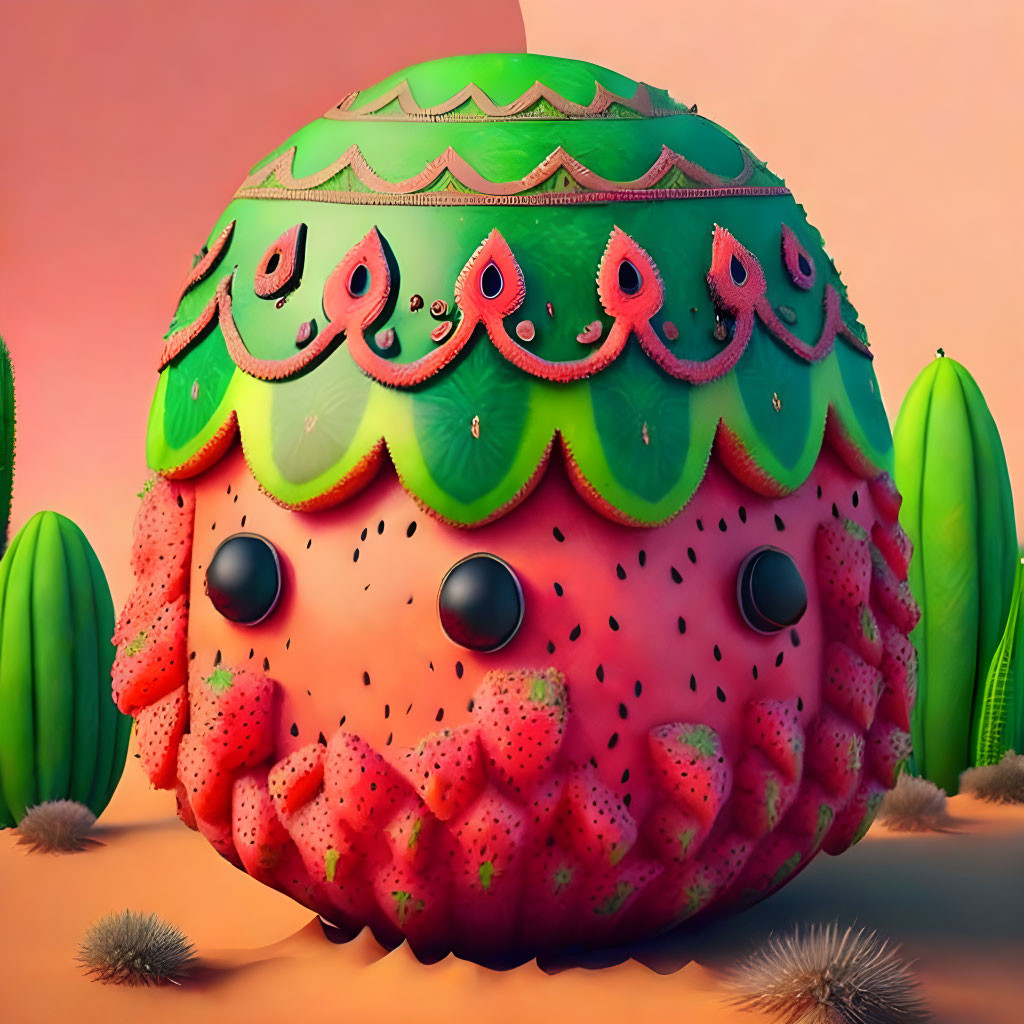 Whimsical illustration of a strawberry cactus in desert scene