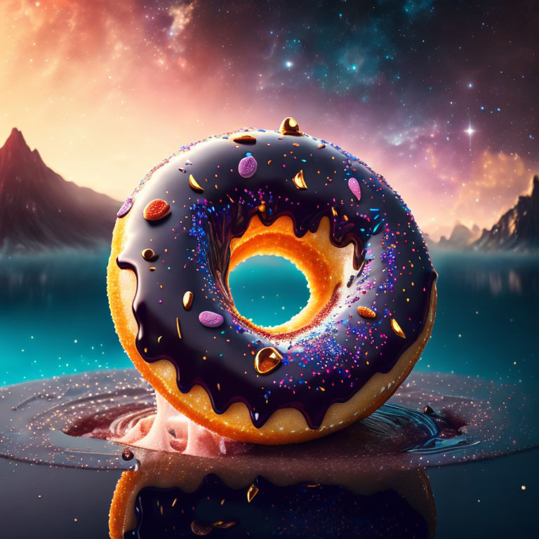 Galaxy-themed icing donut floating in cosmic backdrop