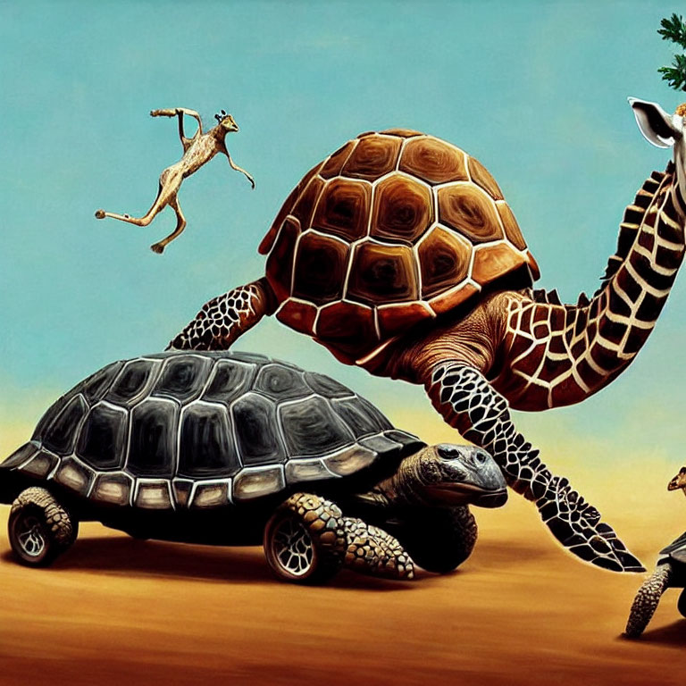 Whimsical illustration of giraffe-necked tortoise with tiny rider under blue sky