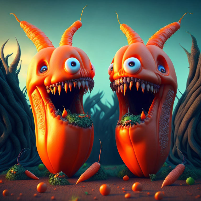 Whimsical orange creatures with large mouths and sharp teeth in fantasy setting