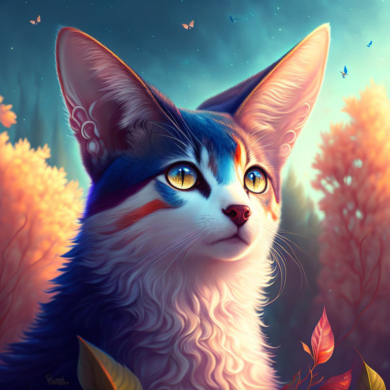 Digital Artwork: Cat with Expressive Eyes, Butterflies, and Warm-Toned Foliage