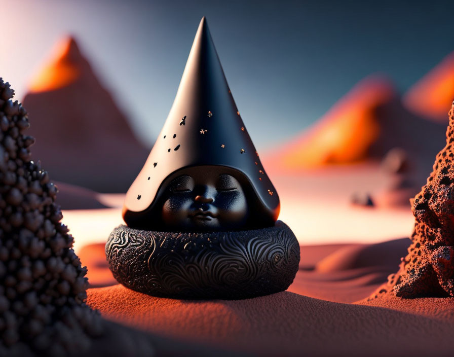 Surreal image of stylized figure in conical hat against desert backdrop