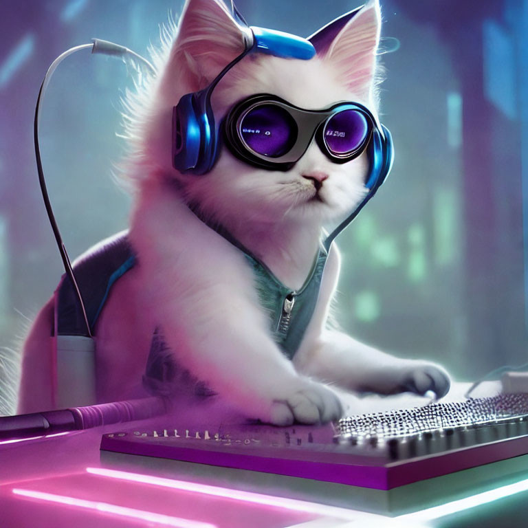 White Kitten Typing with Blue Headphones and Glasses in Futuristic Neon Setting