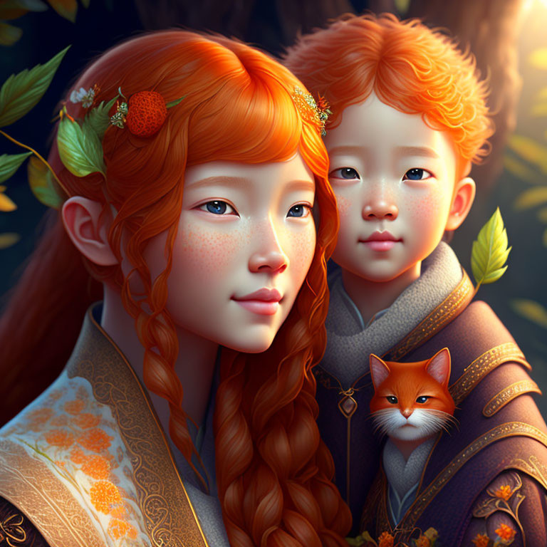 Digital art portrait of a girl and boy with long, braided red hair, wearing ornate clothes