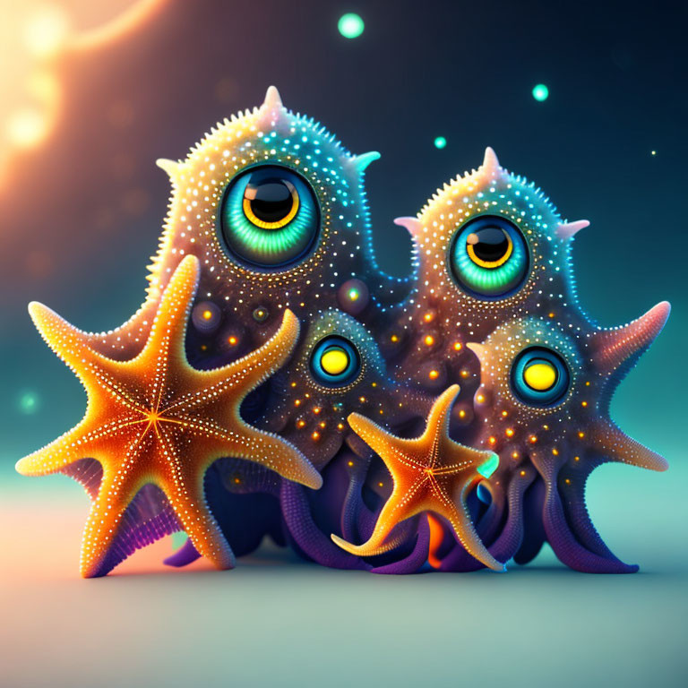 Colorful Starfish with Expressive Eyes on Gradient Background
