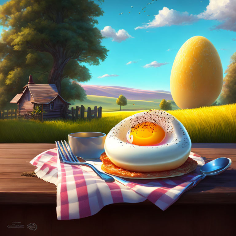 Surreal oversized fried egg on pancake with cutlery outdoors