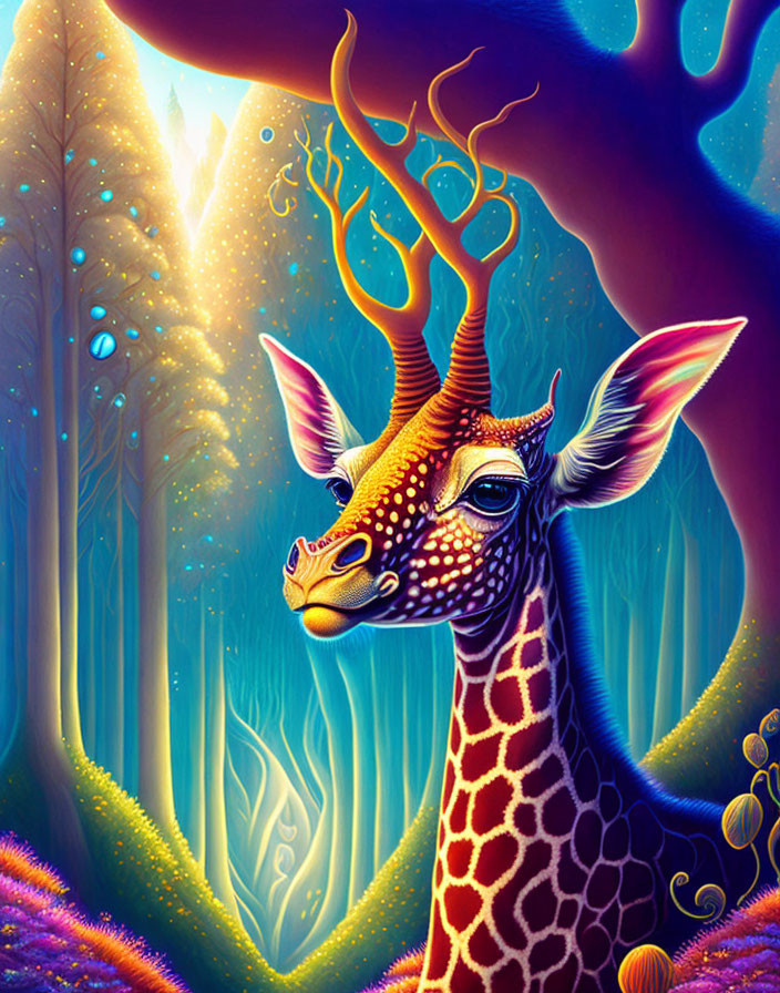 Colorful surreal giraffe illustration in mystical forest landscape