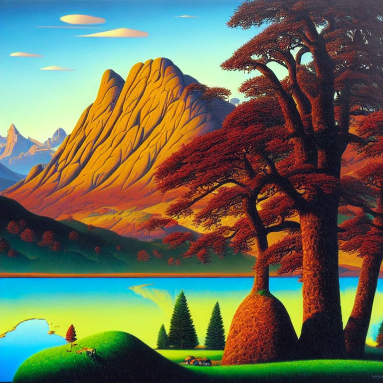 Colorful surreal landscape with red-leafed trees and golden rock formations.