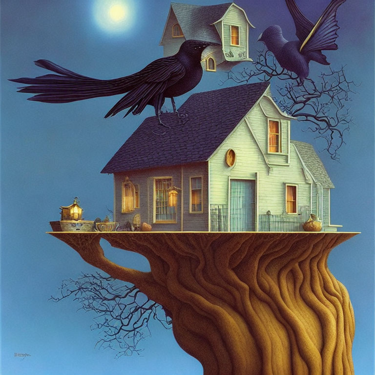 Cozy house on floating tree stump with crows at twilight