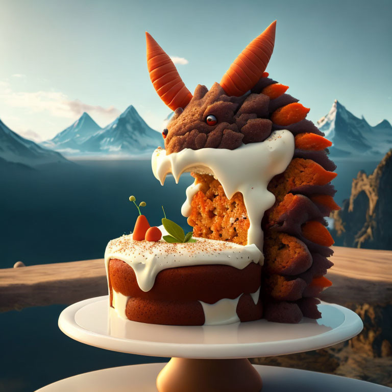 Dragon Head Cake with Horns and Icing Saliva on Stand against Mountainous Backdrop