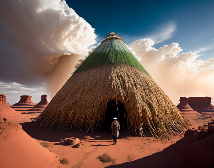 Surreal desert scene with oversized thatch hut and dramatic sky