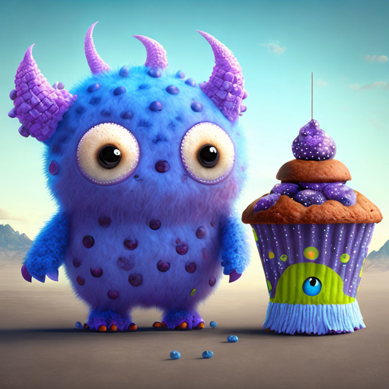 Blue Monster and Purple Cupcake with One-eyed Creature in Desert Landscape