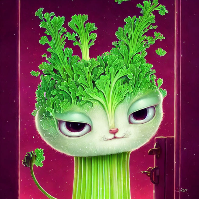 Illustration of whimsical character with celery body and expressive eyes