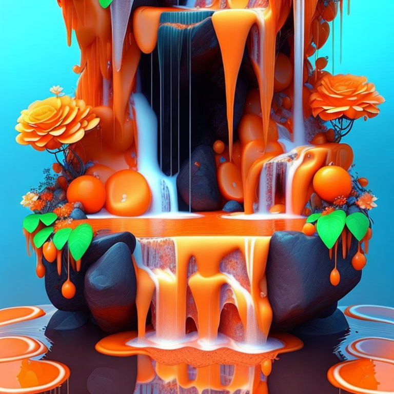 Surreal image: cascading orange waterfall with flowers and fruit