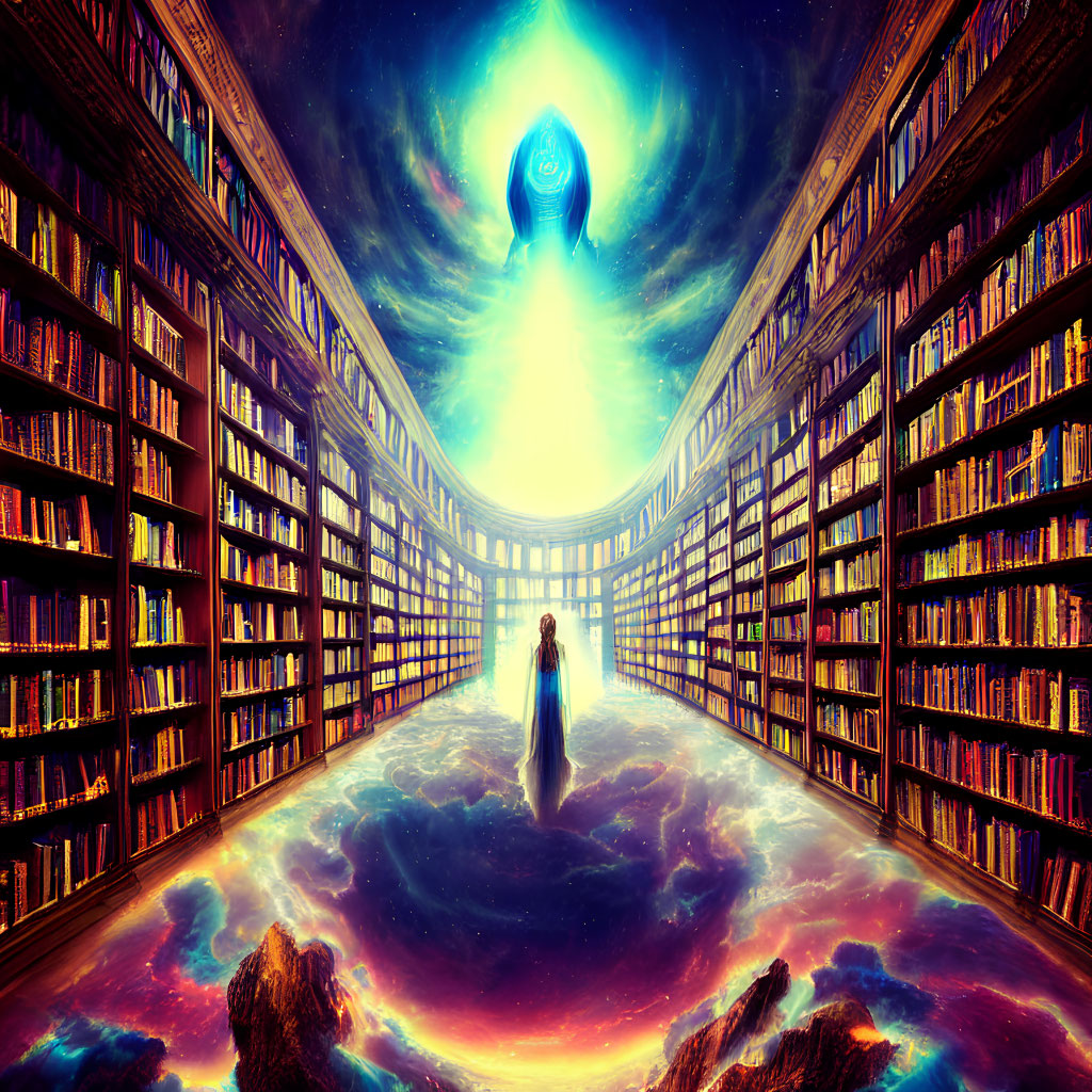 Person in robe in circular library under cosmic sky