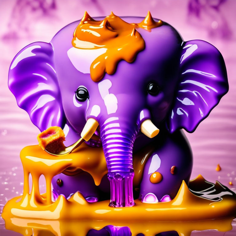 Purple Elephant Figure Submerged in Gold Liquid on Pink Background