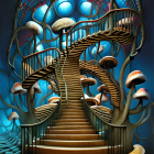 Whimsical wooden spiral staircase with oversized mushrooms on vibrant blue background