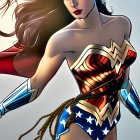 Female superhero with long black hair in red, blue, and gold costume.