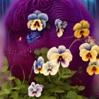 Purple textured creature with glowing eye and pansy flowers on purple background