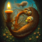 Fantastical illustration of tentacle, candle, and creature in foliage