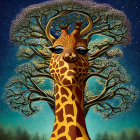 Surreal giraffe with tree horns under starry night sky