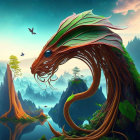 Majestic serpent creature with leafy wings in mystical landscape