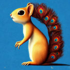 Whimsical creature: squirrel body with peacock tail on blue background
