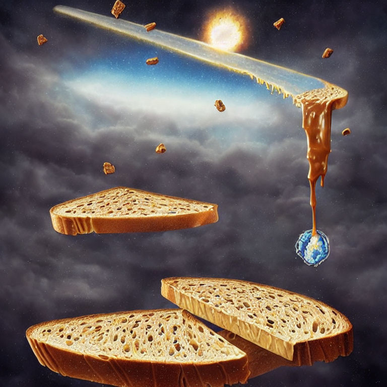 Surreal depiction of floating bread slices with caramel-dripping meteor and tiny Earth.