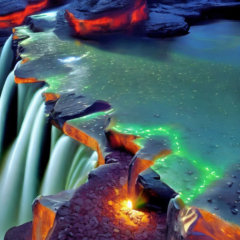 Vibrant neon waterfall in surreal landscape