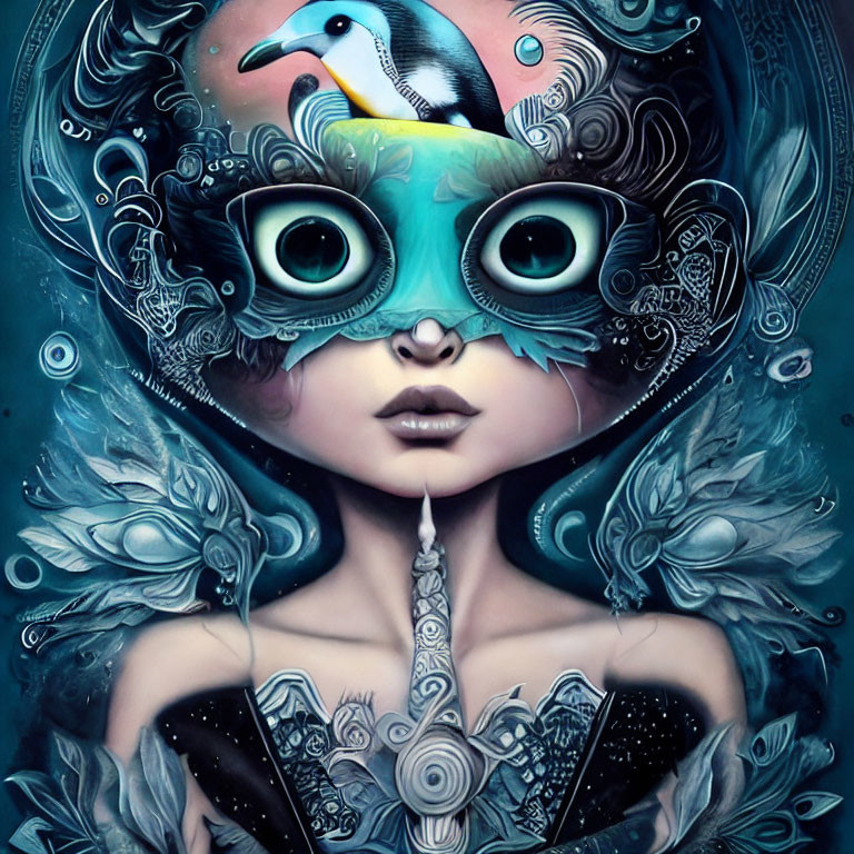 Surreal portrait of woman with expressive eyes and penguin on head in intricate blue setting