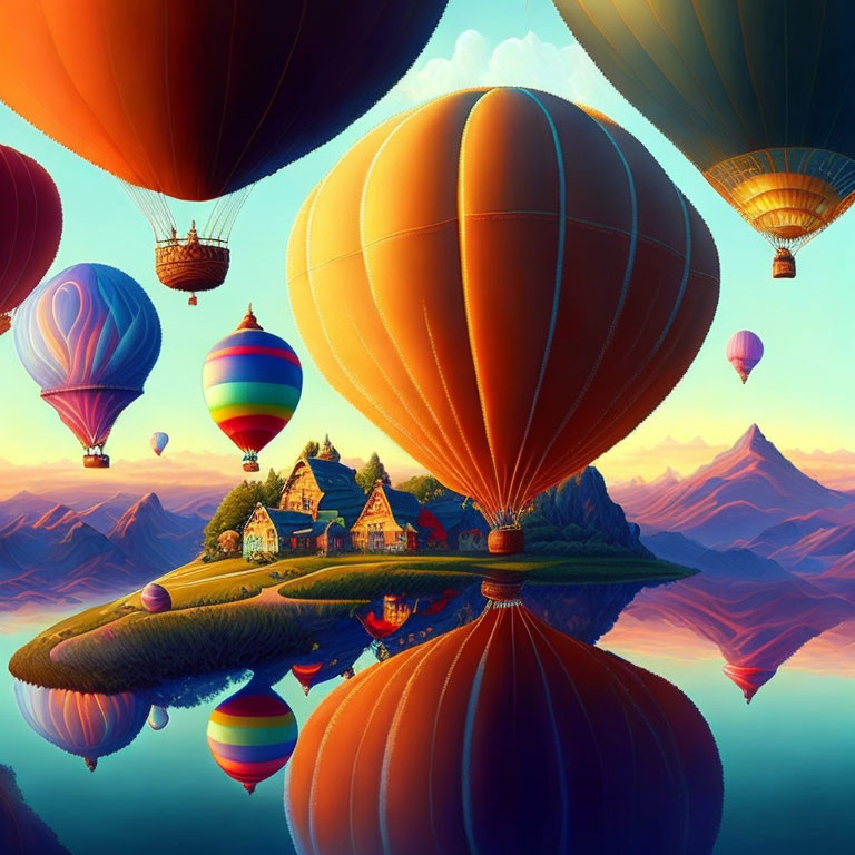 Vibrant hot air balloons over serene lake and countryside landscape
