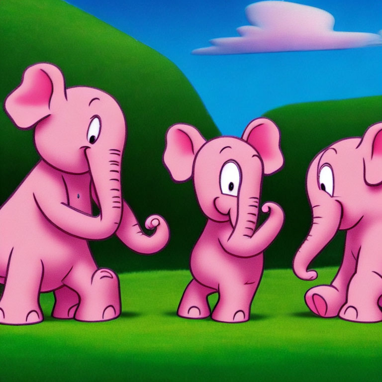 Three Smiling Pink Elephants on Grassy Landscape