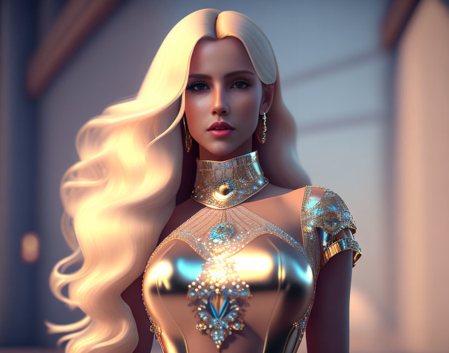 3D-rendered female character in futuristic golden armor with blue gem adornments