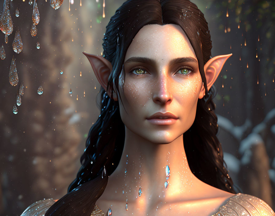 Female elf with pointy ears and glistening skin in sunlit forest.
