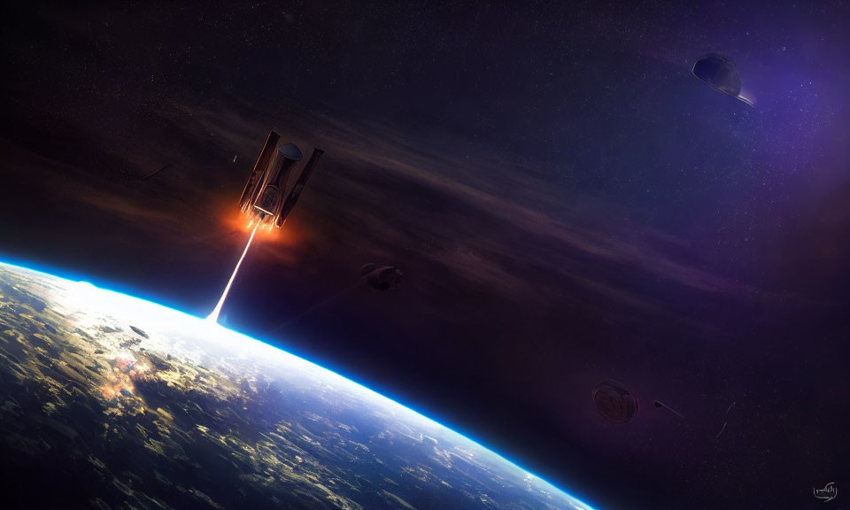 Futuristic scene: Spaceships near Earth, glowing cityscape, beam of light