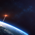 Futuristic scene: Spaceships near Earth, glowing cityscape, beam of light