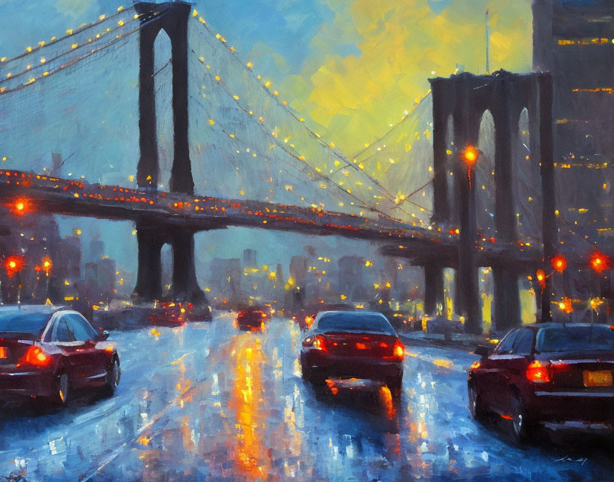Impressionistic painting of cars on wet road with Brooklyn Bridge and dusk sky
