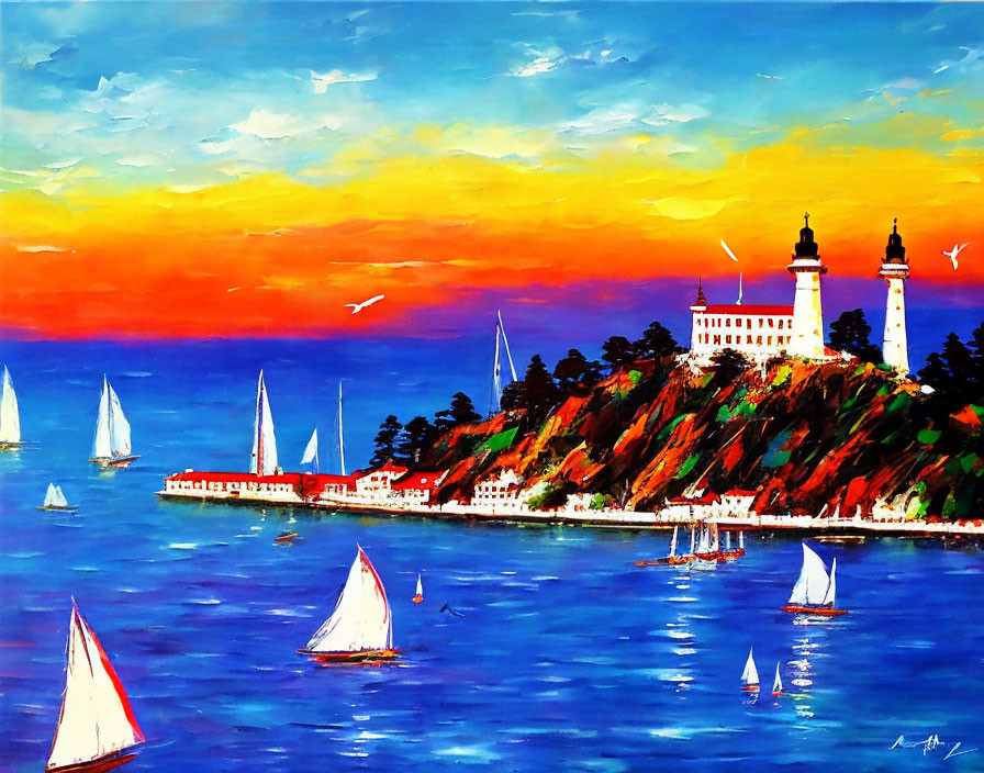 Colorful coastal sunset painting with lighthouse, sailboats, and seagulls