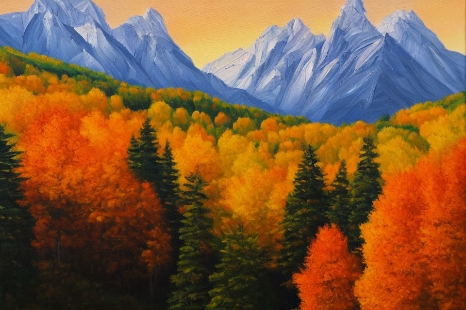Colorful autumn forest painting with blue-gray mountains
