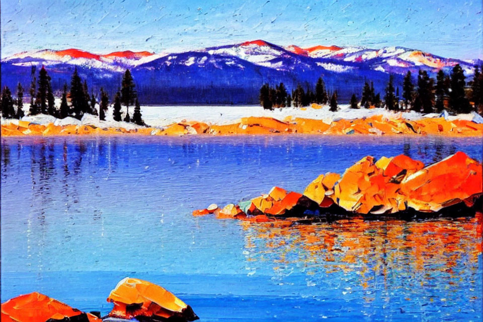 Scenic painting of blue lake, orange rocks, and snow-capped mountains