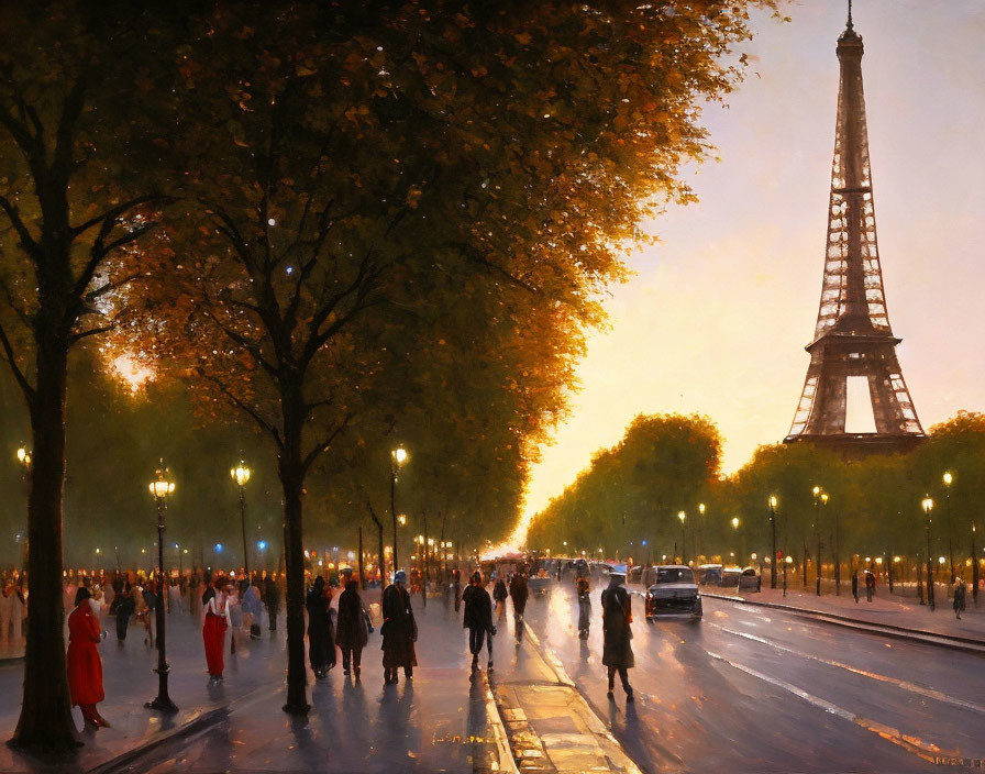 Scenic evening street with people and Eiffel Tower silhouette