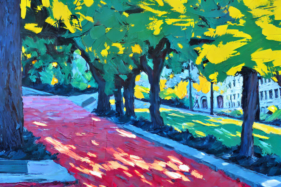 Sunlit tree-lined path painting with vibrant colors and dynamic brushstrokes