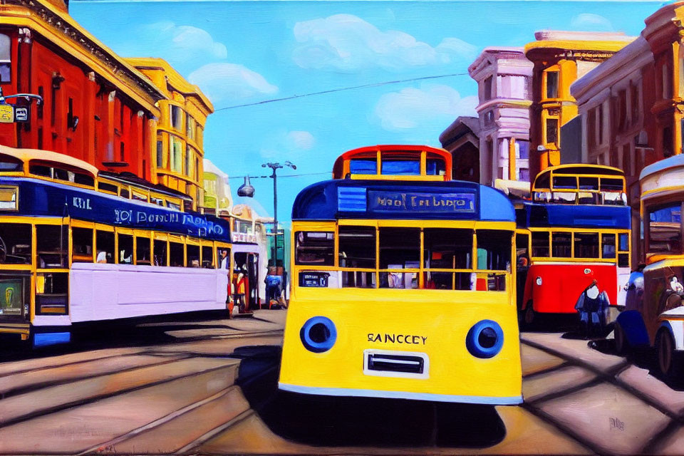 Vibrant painting of vintage trams and pedestrians in cityscape