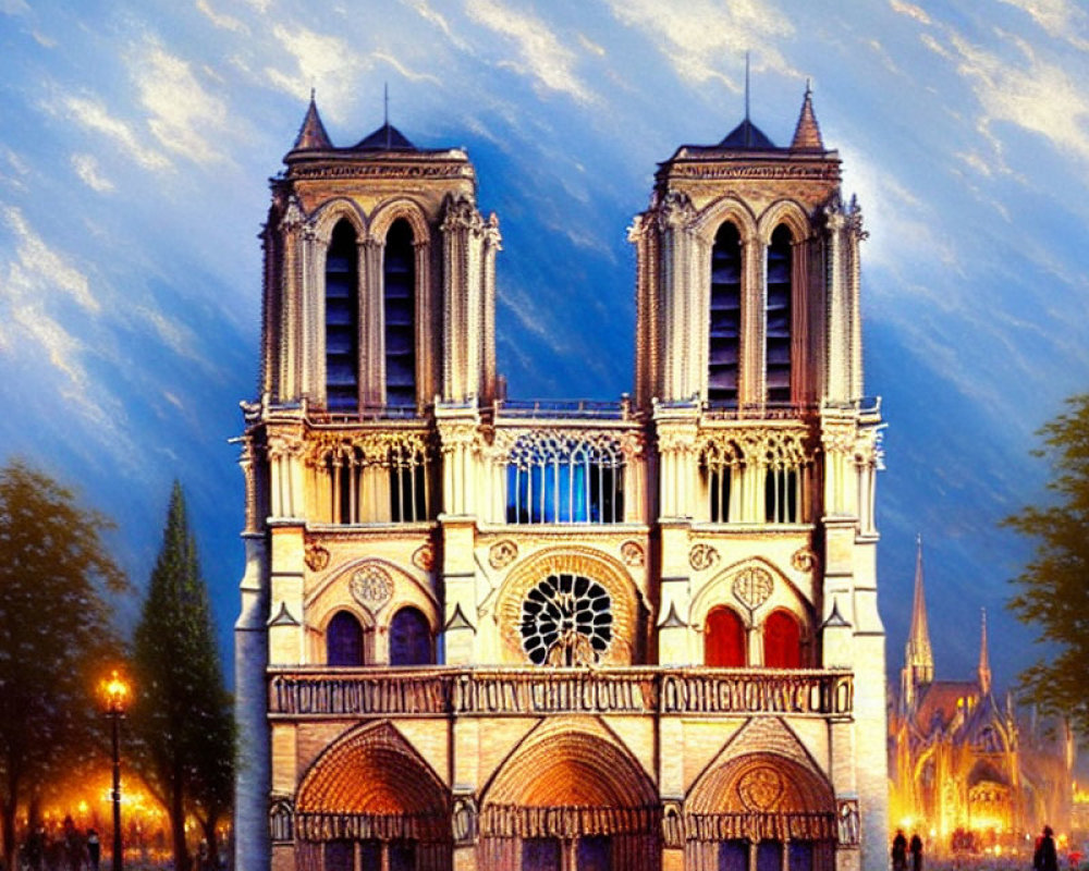 Illuminated Notre-Dame Cathedral at Dusk with Silhouettes